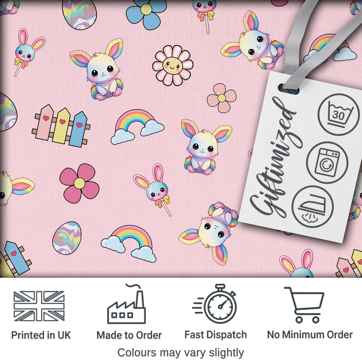 Cute Rainbow Bunny Flower Egg Pastel Pink Background Seamless Pattern Digital Print Fabric by the Metre UK Sewing Quilting Textile