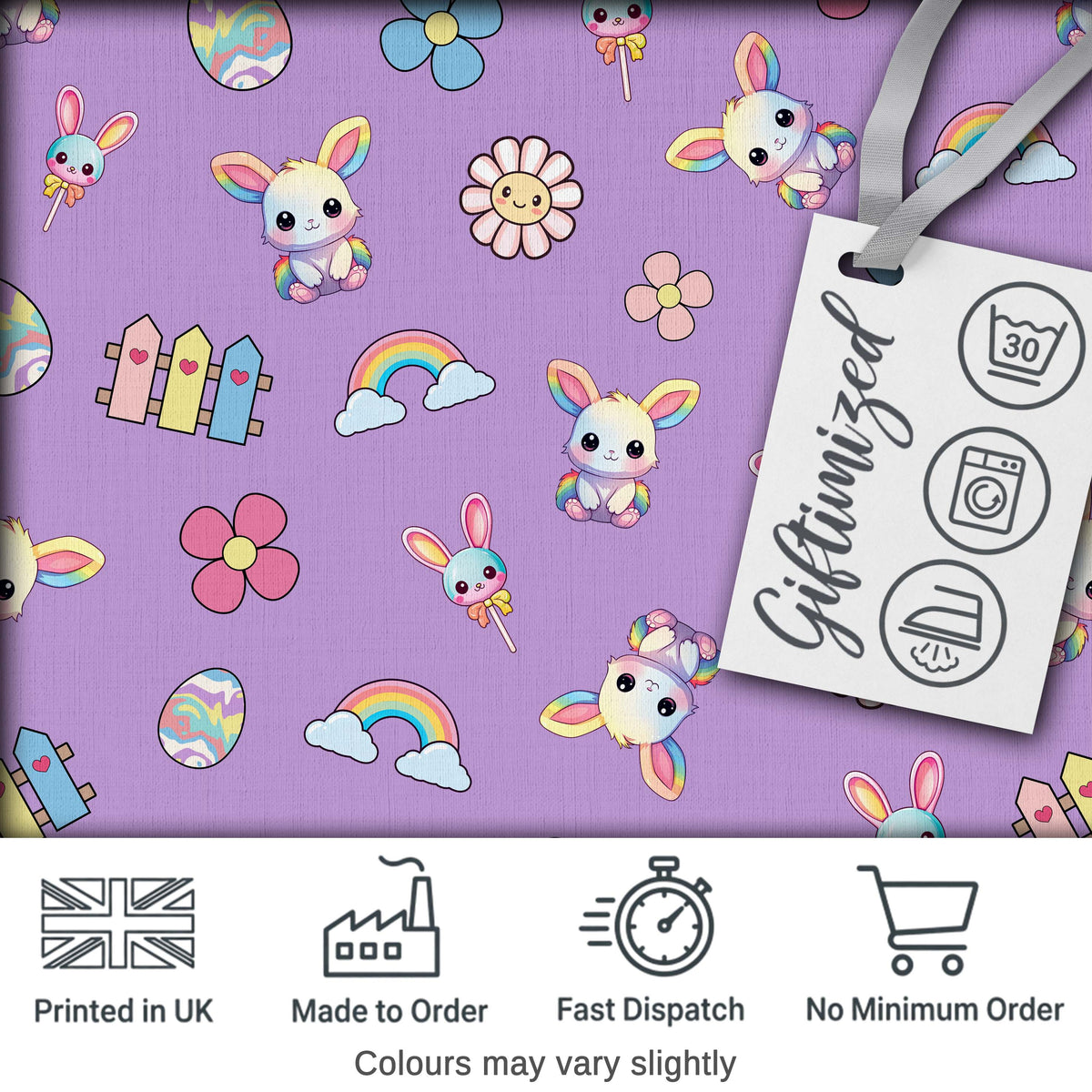 Cute Rainbow Bunny Flower Egg Pastel Purple Background Seamless Pattern Digital Print Fabric by the Metre UK Sewing Quilting Textile