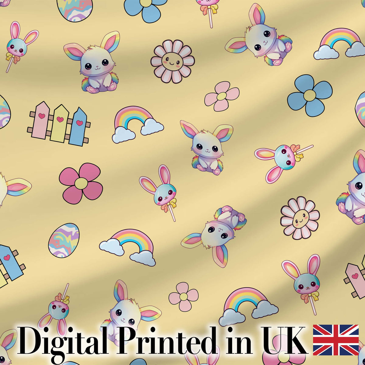 Cute Rainbow Bunny Flower Egg Pastel Yellow Background Seamless Pattern Digital Print Fabric by the Metre UK Sewing Quilting Textile
