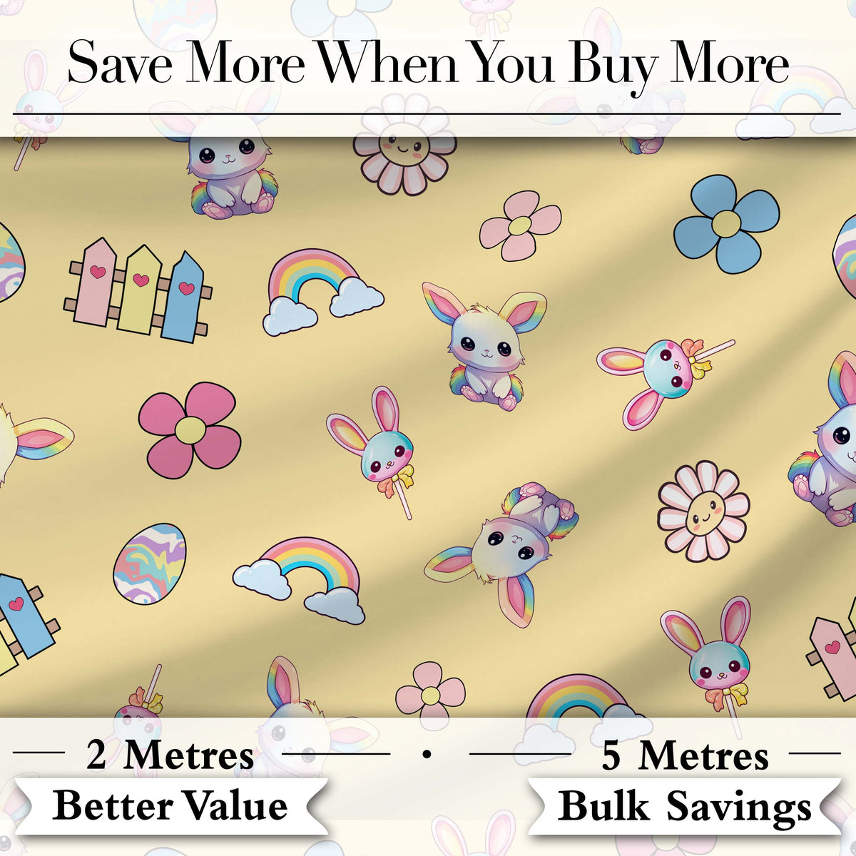 Cute Rainbow Bunny Flower Egg Pastel Yellow Background Seamless Pattern Digital Print Fabric by the Metre UK Sewing Quilting Textile