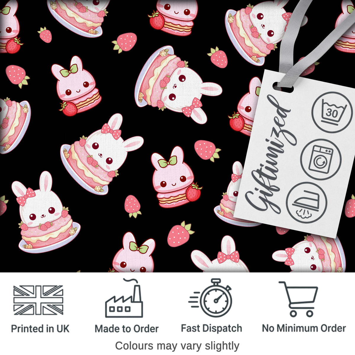 Cute Strawberry Bunny Cake Dessert Kawaii Black Background Seamless Pattern Digital Print Fabric by the Metre UK Sewing Quilting Textile