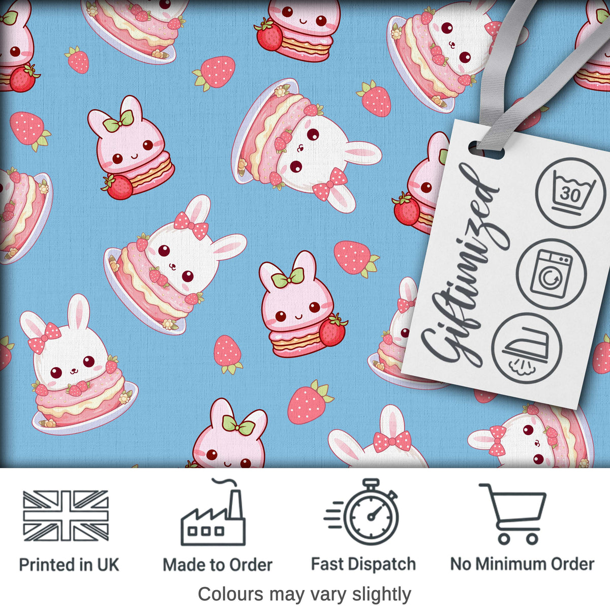 Cute Strawberry Bunny Cake Dessert Kawaii Blue Background Seamless Pattern Digital Print Fabric by the Metre UK Sewing Quilting Textile