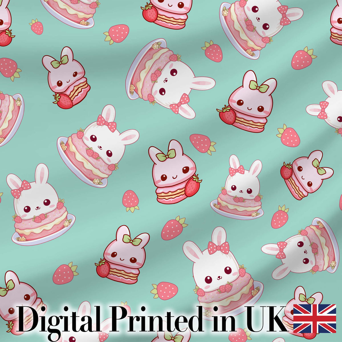 Cute Strawberry Bunny Cake Dessert Mint Background Seamless Pattern Digital Print Fabric by the Metre UK Sewing Quilting Textile