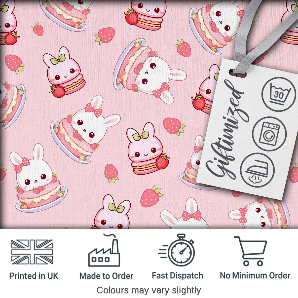 Cute Strawberry Bunny Cake Dessert Blush Background Seamless Pattern Digital Print Fabric by the Metre UK Sewing Quilting Textile