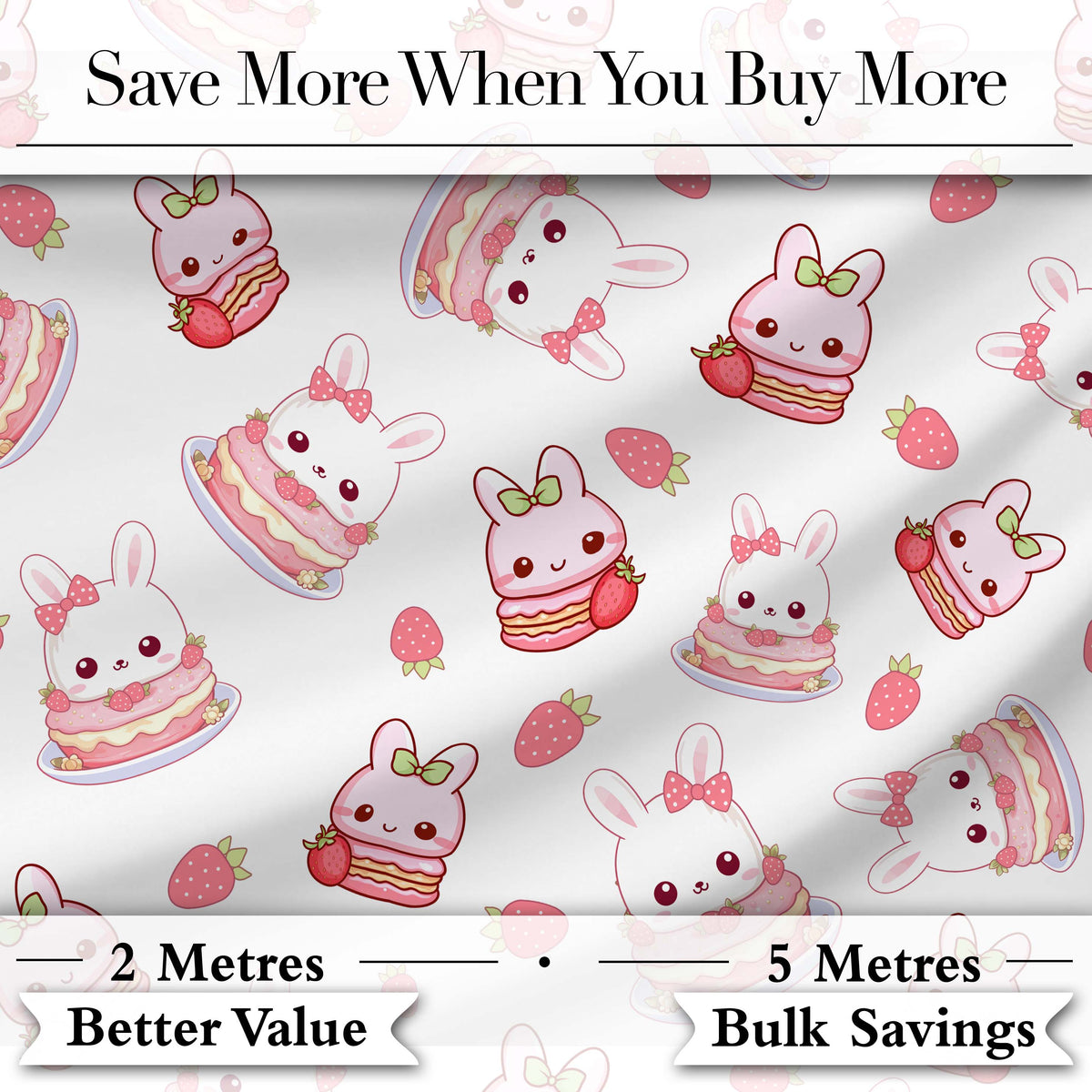 Cute Strawberry Bunny Cake Dessert Grey Background Seamless Pattern Digital Print Fabric by the Metre UK Sewing Quilting Textile