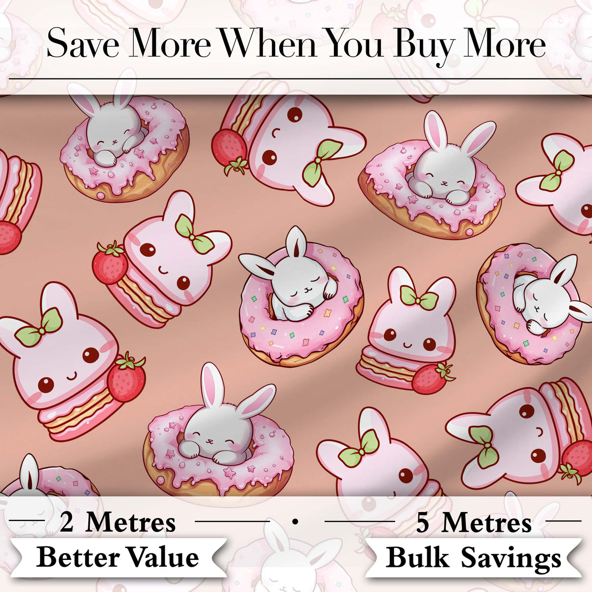 Cute Bunny Donut Dessert Kawaii Peach Background Seamless Pattern Digital Print Fabric by the Metre UK Sewing Quilting Textile