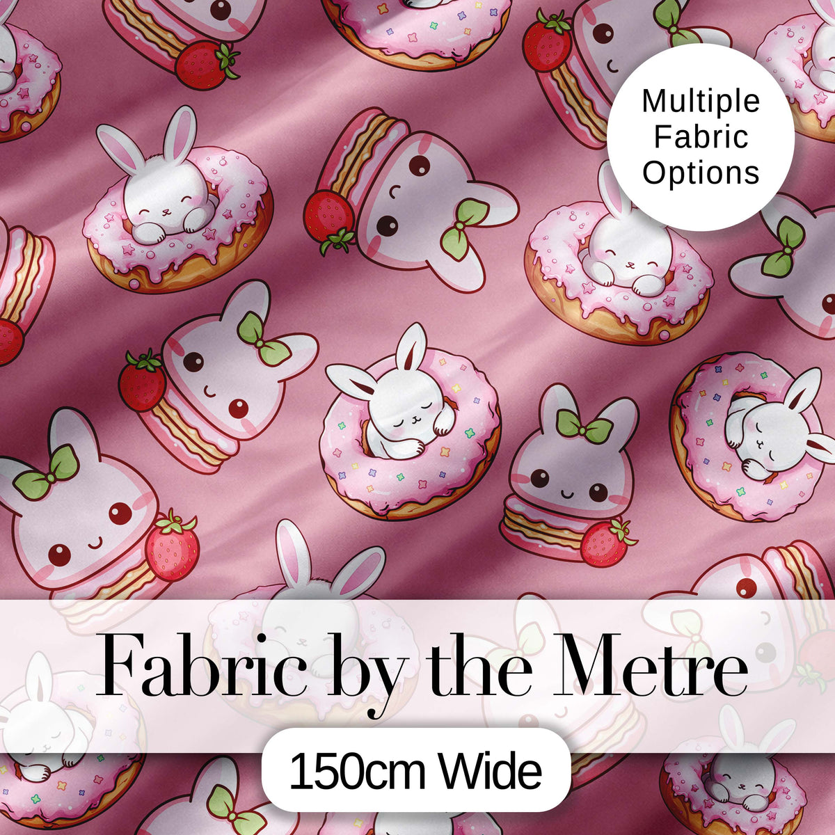 Cute Bunny Donut Dessert Kawaii Pink Background Seamless Pattern Digital Print Fabric by the Metre UK Sewing Quilting Textile