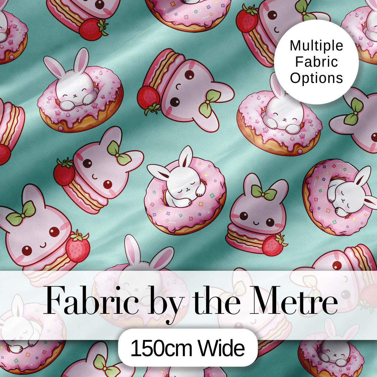 Cute Bunny Donut Dessert Kawaii Mint Background Seamless Pattern Digital Print Fabric by the Metre UK Sewing Quilting Textile