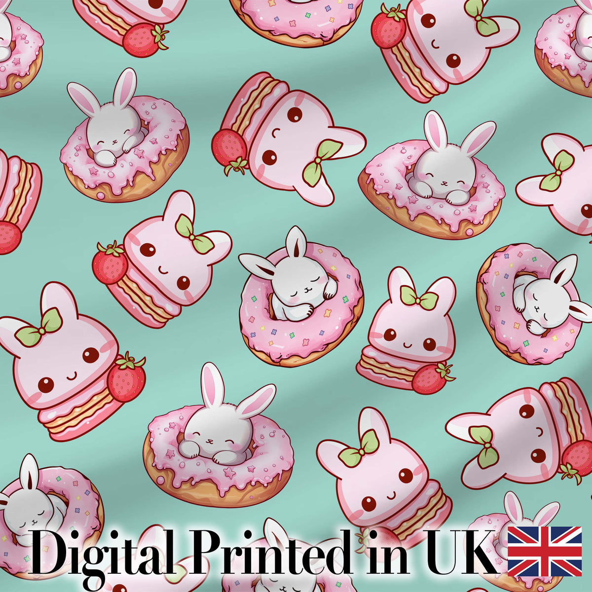 Cute Bunny Donut Dessert Kawaii Mint Background Seamless Pattern Digital Print Fabric by the Metre UK Sewing Quilting Textile