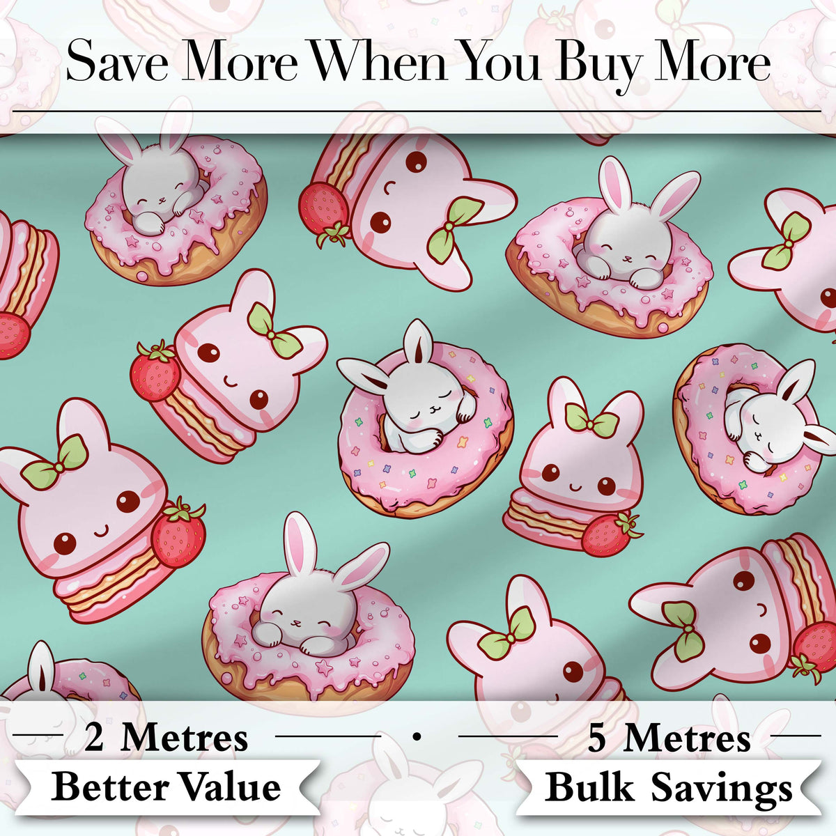 Cute Bunny Donut Dessert Kawaii Mint Background Seamless Pattern Digital Print Fabric by the Metre UK Sewing Quilting Textile