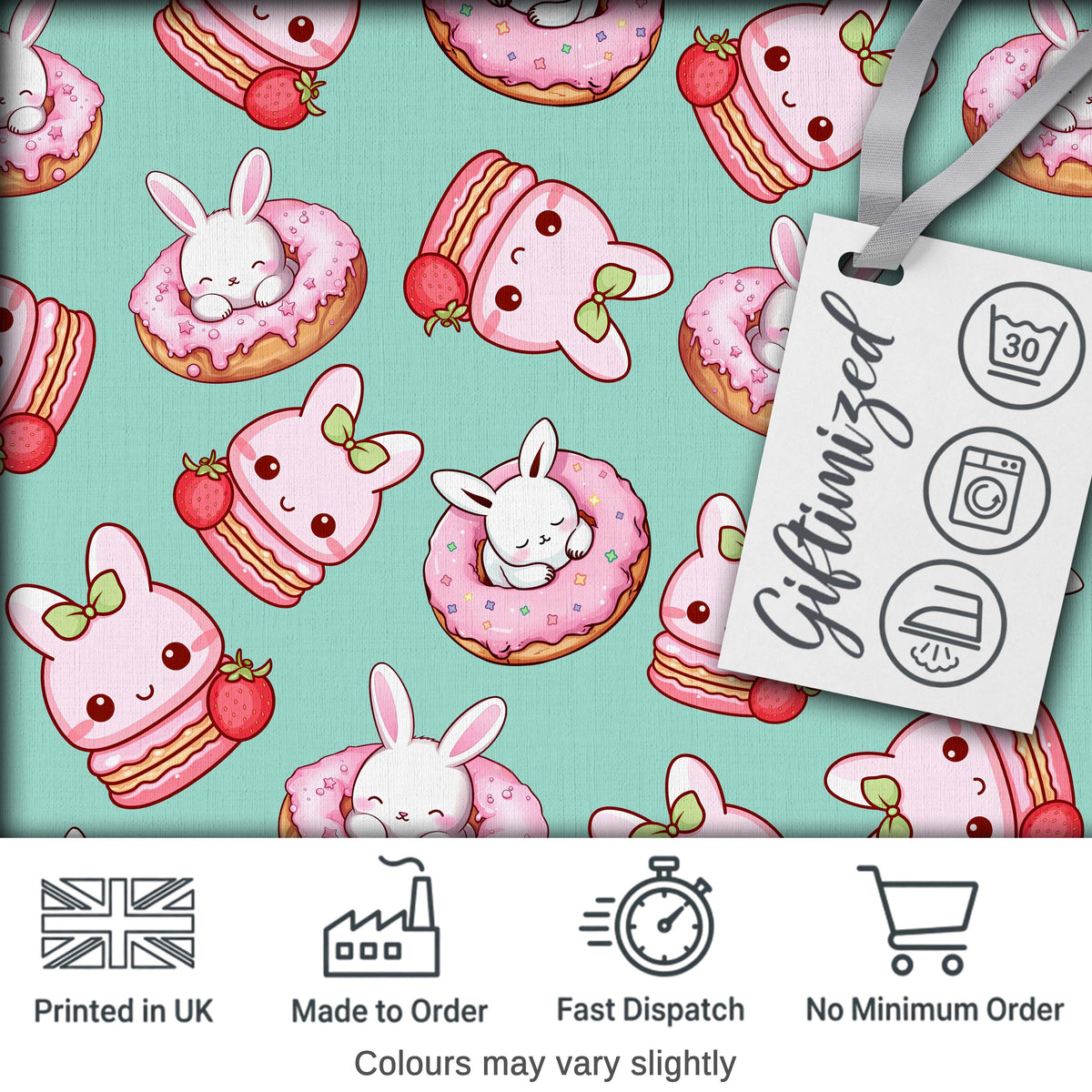 Cute Bunny Donut Dessert Kawaii Mint Background Seamless Pattern Digital Print Fabric by the Metre UK Sewing Quilting Textile