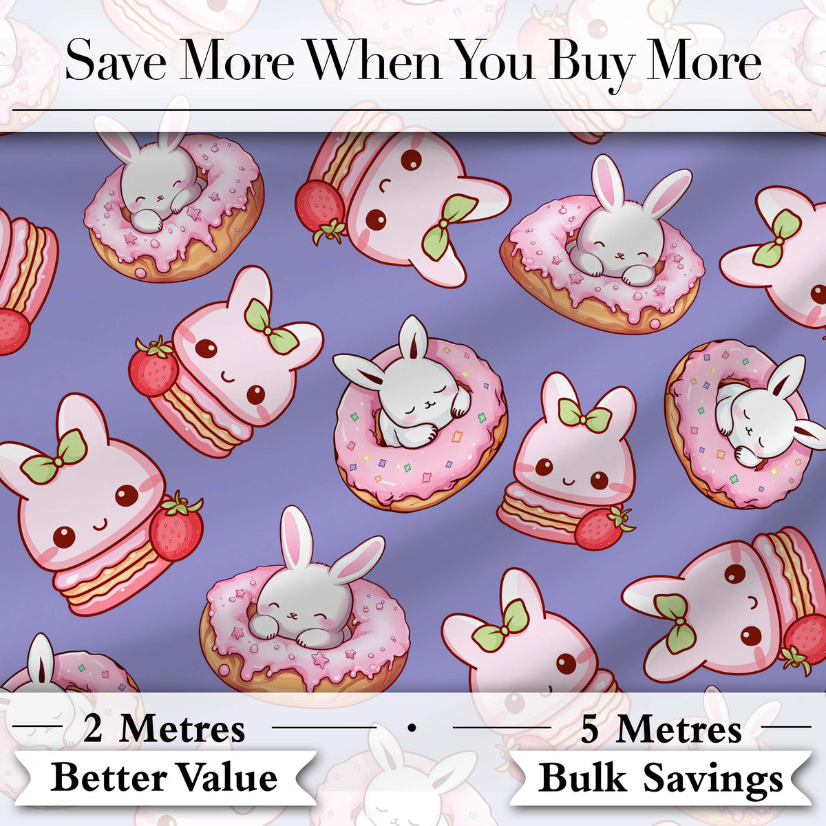 Cute Bunny Donut Dessert Kawaii Purple Background Seamless Pattern Digital Print Fabric by the Metre UK Sewing Quilting Textile