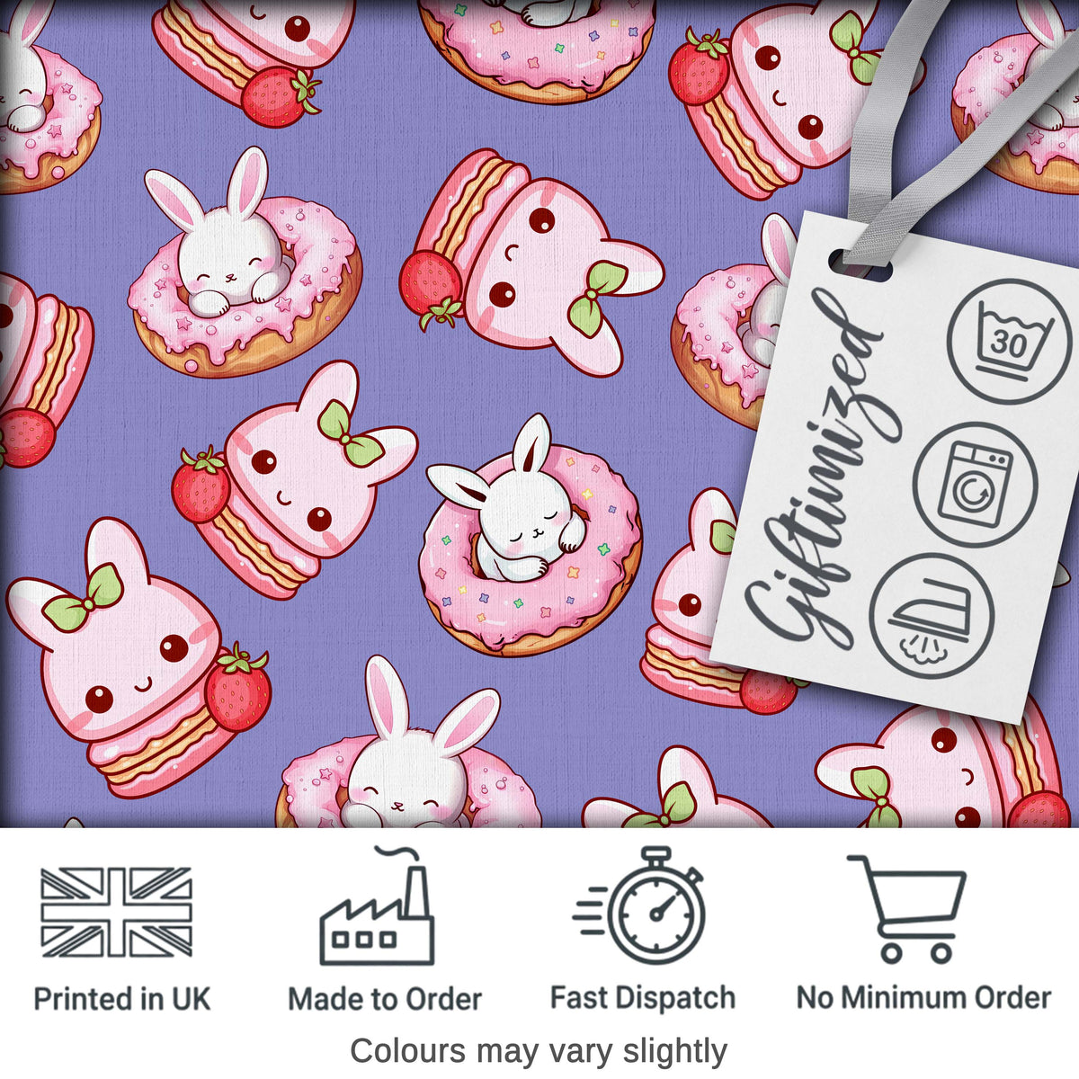 Cute Bunny Donut Dessert Kawaii Purple Background Seamless Pattern Digital Print Fabric by the Metre UK Sewing Quilting Textile