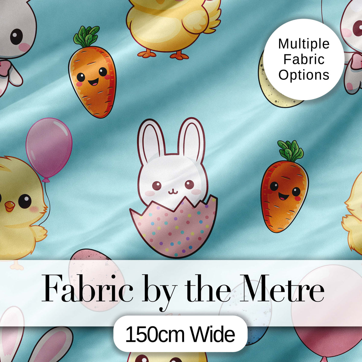 Cute Easter Bunny Chick Carrot Egg Blue Background Seamless Pattern Digital Print Fabric by the Metre UK Sewing Quilting Textile