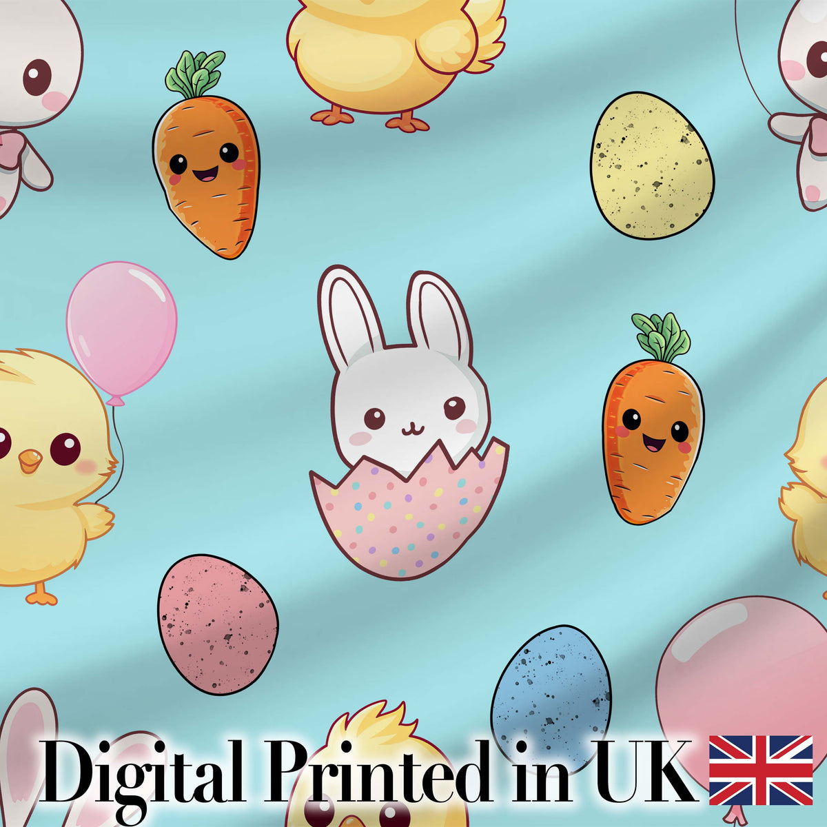 Cute Easter Bunny Chick Carrot Egg Blue Background Seamless Pattern Digital Print Fabric by the Metre UK Sewing Quilting Textile
