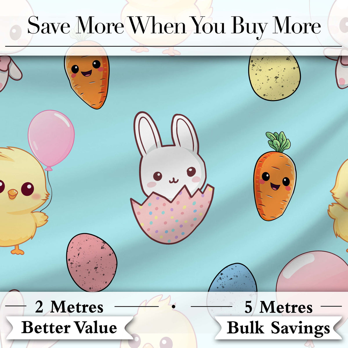 Cute Easter Bunny Chick Carrot Egg Blue Background Seamless Pattern Digital Print Fabric by the Metre UK Sewing Quilting Textile