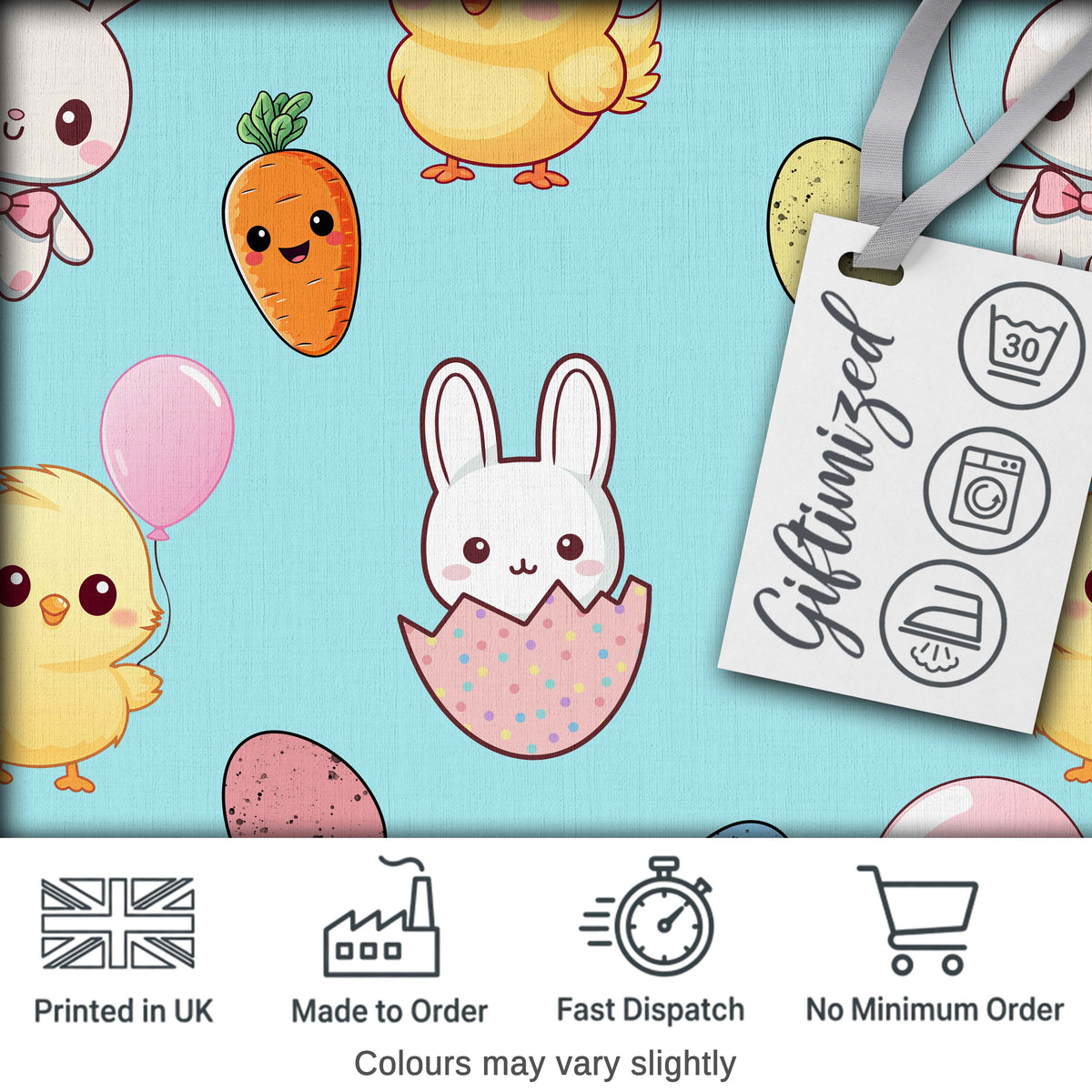 Cute Easter Bunny Chick Carrot Egg Blue Background Seamless Pattern Digital Print Fabric by the Metre UK Sewing Quilting Textile