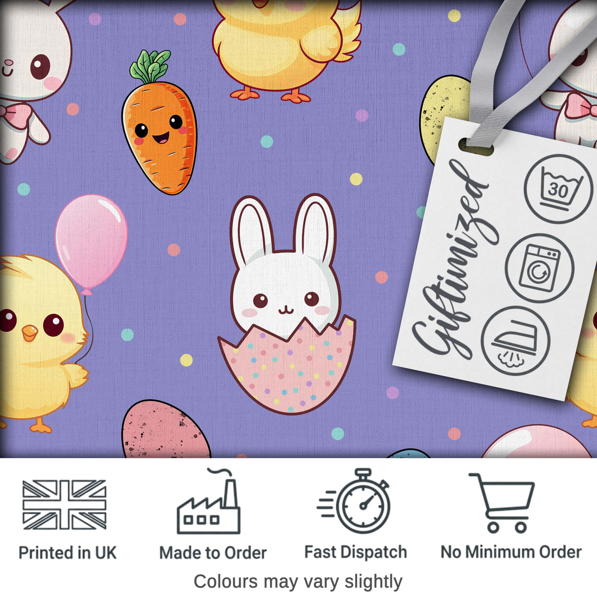 Cute Easter Bunny Chick Carrot Egg Purple Background Seamless Pattern Digital Print Fabric by the Metre UK Sewing Quilting Textile