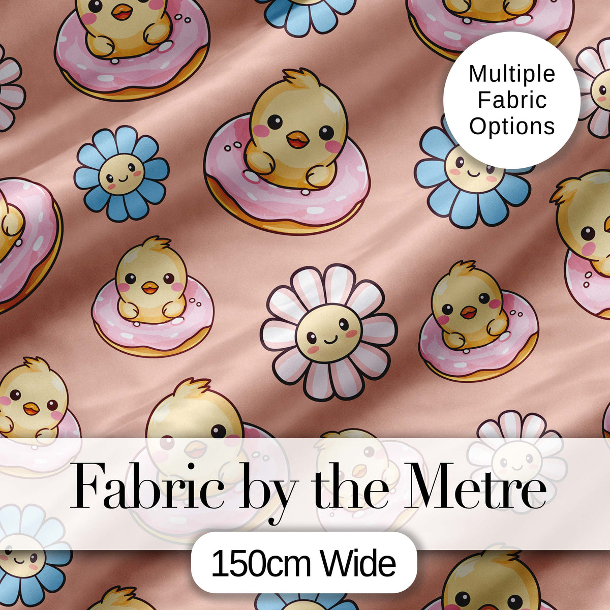 Kawaii Chick Sitting on Donut with Flowers Seamless Pattern Beige Background Digital Print Fabric by the Metre UK Sewing Quilting Textile