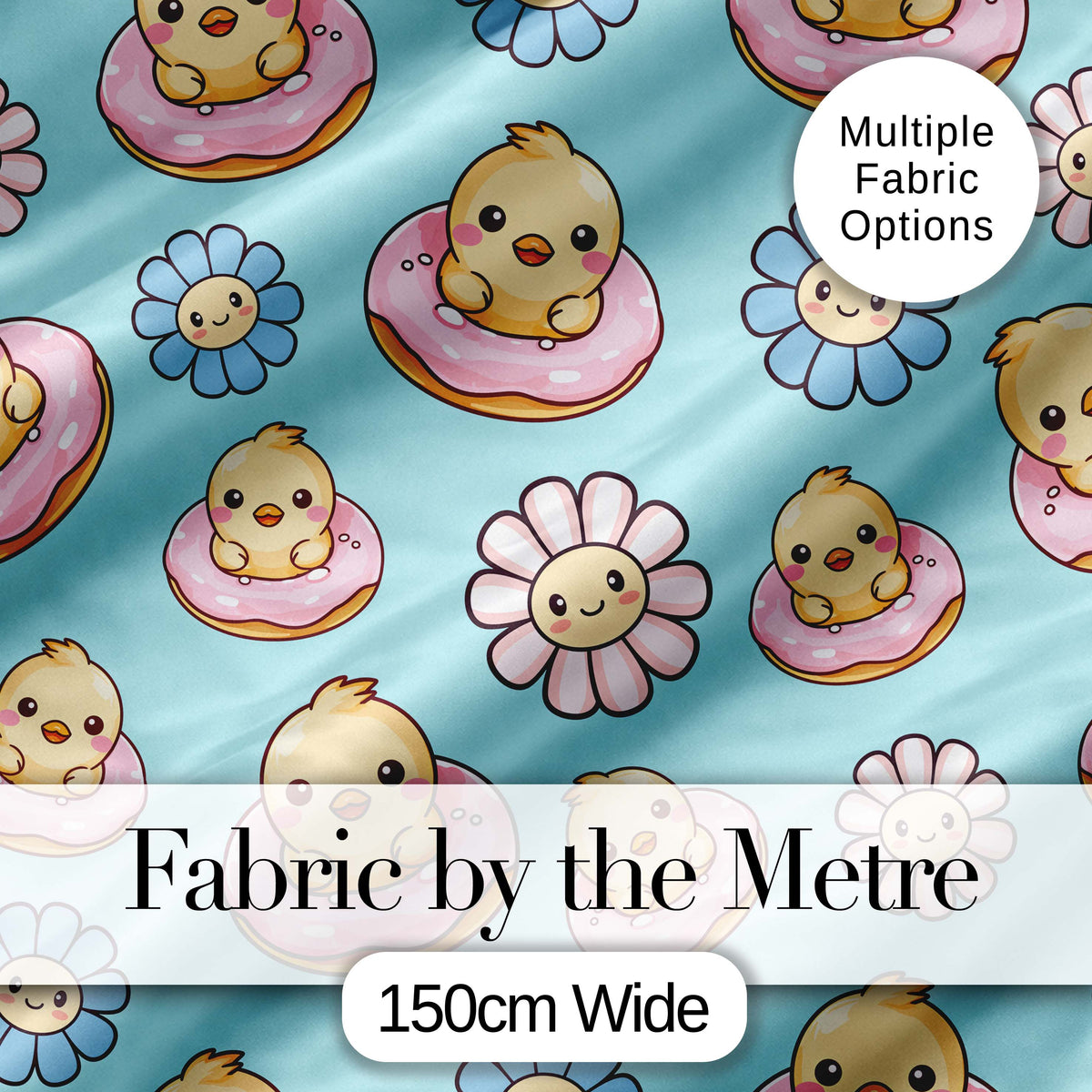 Kawaii Chick Sitting on Donut with Flowers Seamless Pattern Teal Background Digital Print Fabric by the Metre UK Sewing Quilting Textile