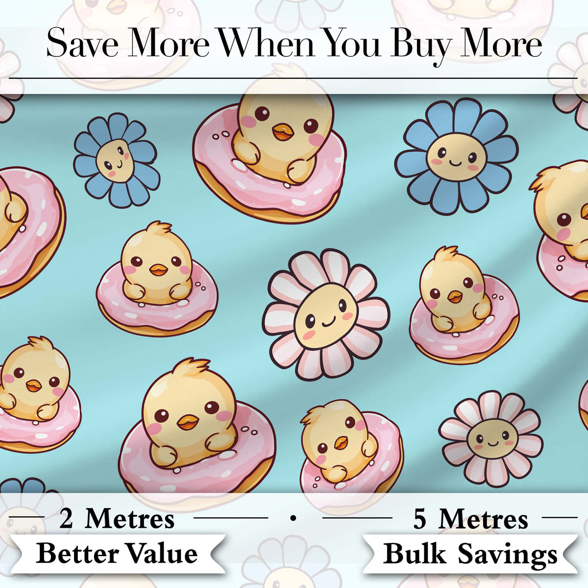 Kawaii Chick Sitting on Donut with Flowers Seamless Pattern Teal Background Digital Print Fabric by the Metre UK Sewing Quilting Textile