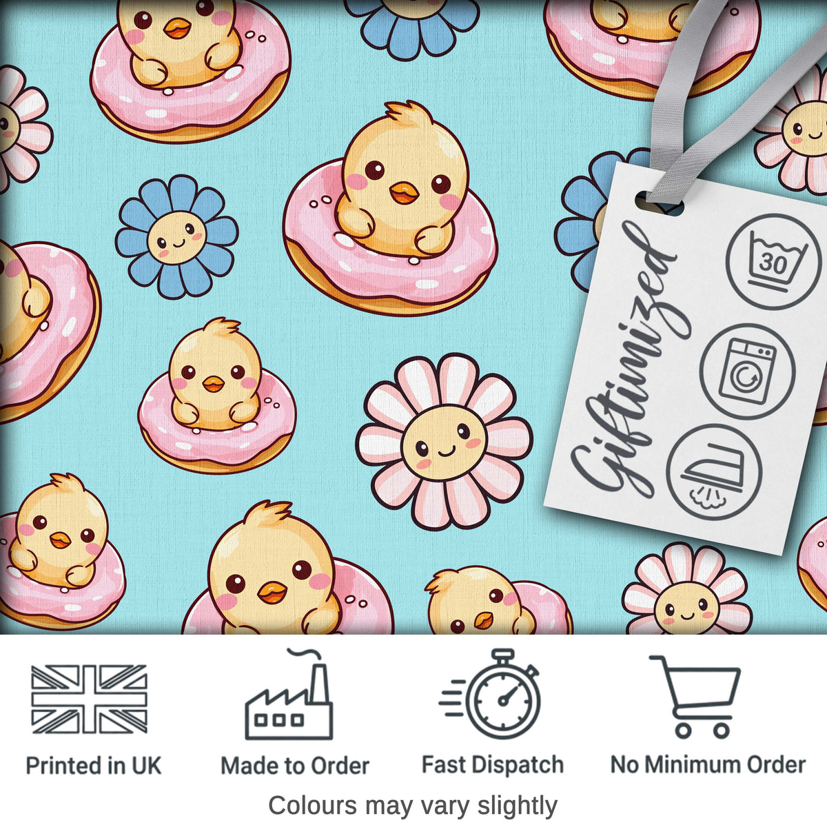Kawaii Chick Sitting on Donut with Flowers Seamless Pattern Teal Background Digital Print Fabric by the Metre UK Sewing Quilting Textile