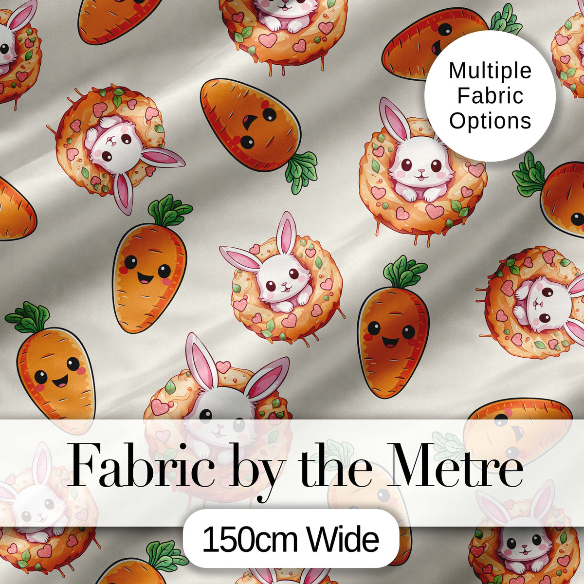 Cute Kawaii Bunny with Carrot Donut Seamless Pattern Cream Background Digital Print Fabric by the Metre UK Sewing Quilting Textile