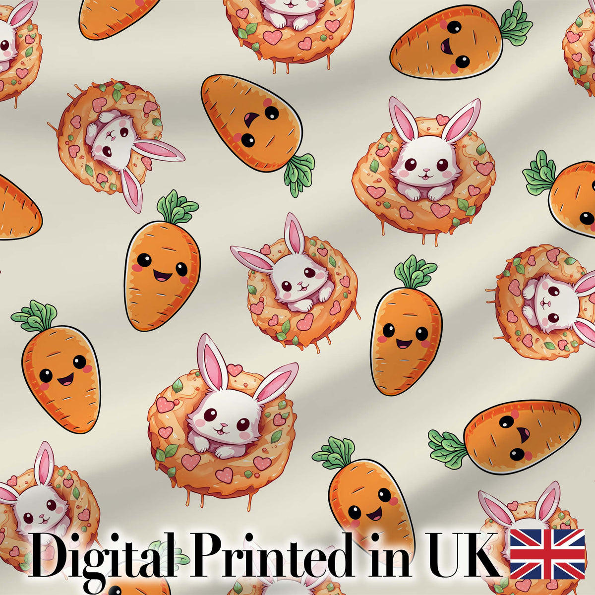Cute Kawaii Bunny with Carrot Donut Seamless Pattern Cream Background Digital Print Fabric by the Metre UK Sewing Quilting Textile
