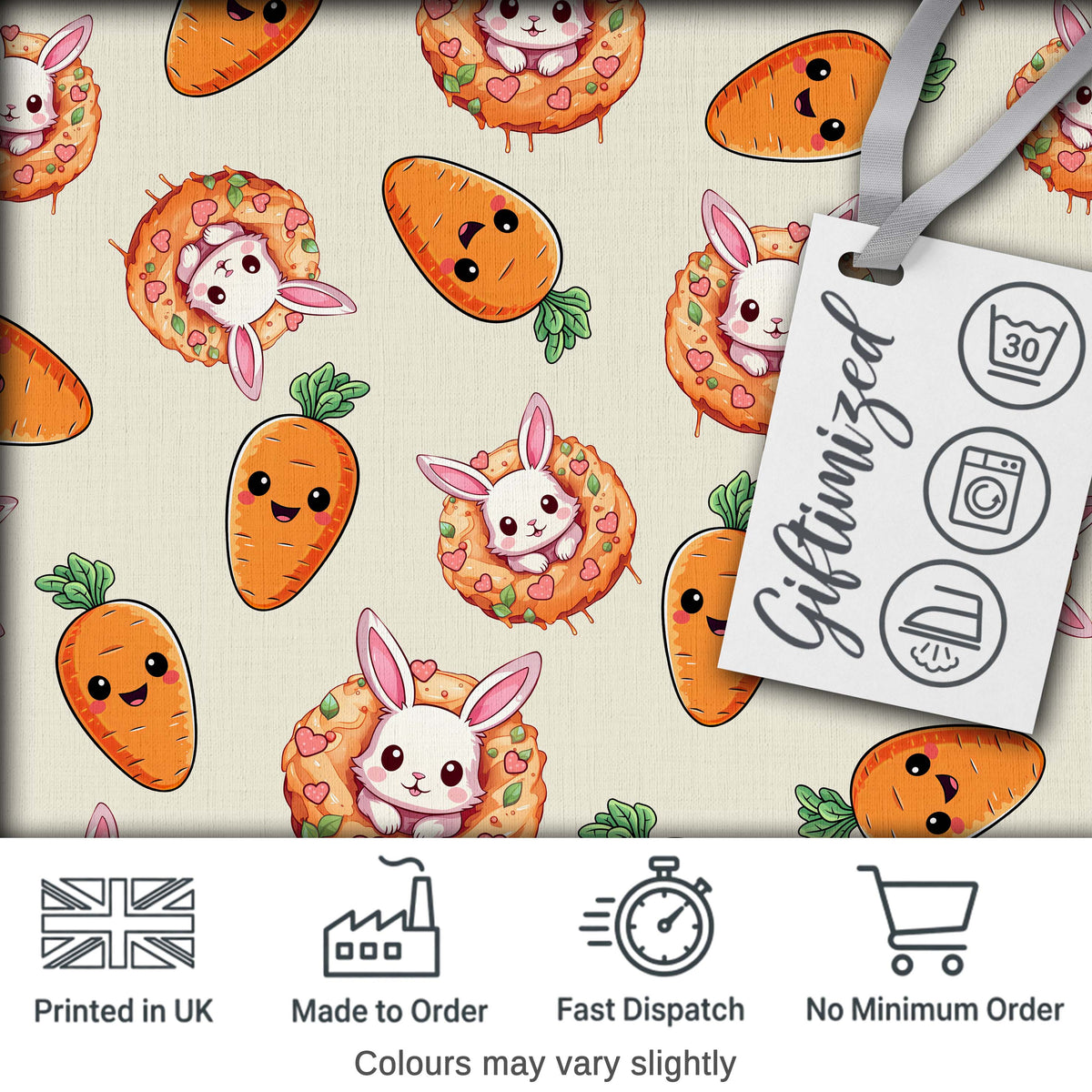 Cute Kawaii Bunny with Carrot Donut Seamless Pattern Cream Background Digital Print Fabric by the Metre UK Sewing Quilting Textile