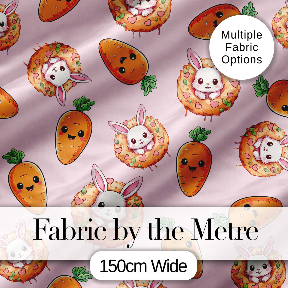 Cute Kawaii Bunny with Carrot Donut Seamless Pattern Pink Background Digital Print Fabric by the Metre UK Sewing Quilting Textile