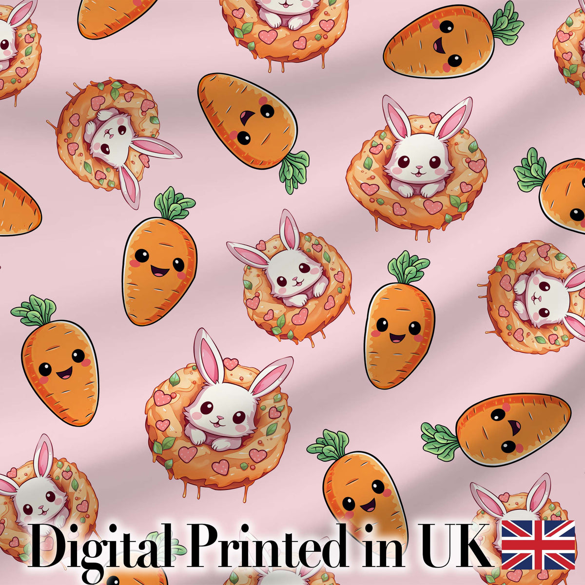 Cute Kawaii Bunny with Carrot Donut Seamless Pattern Pink Background Digital Print Fabric by the Metre UK Sewing Quilting Textile