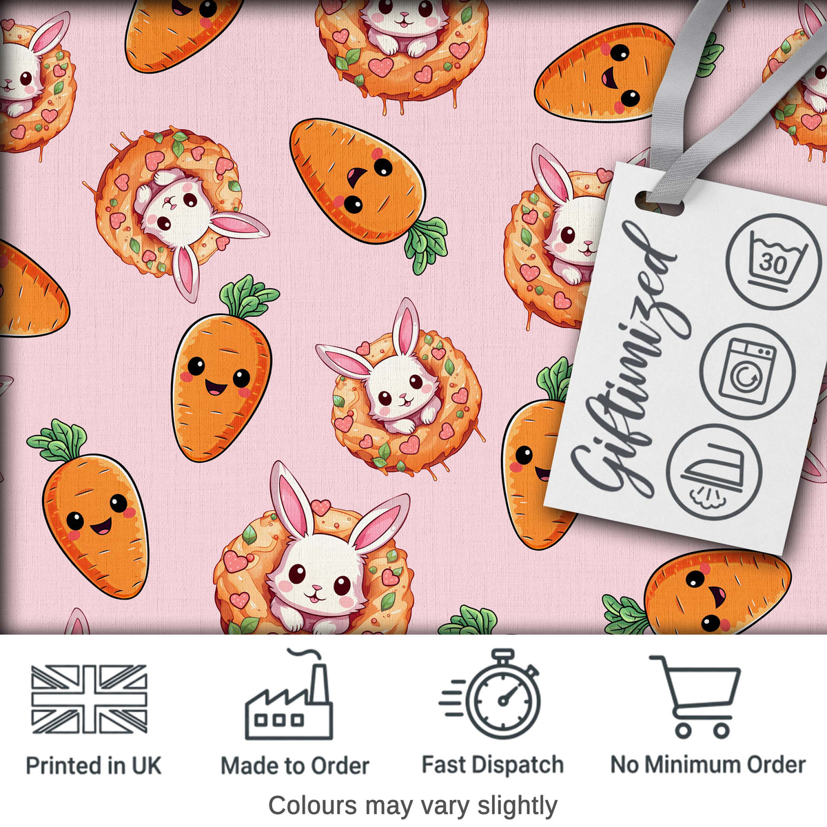 Cute Kawaii Bunny with Carrot Donut Seamless Pattern Pink Background Digital Print Fabric by the Metre UK Sewing Quilting Textile