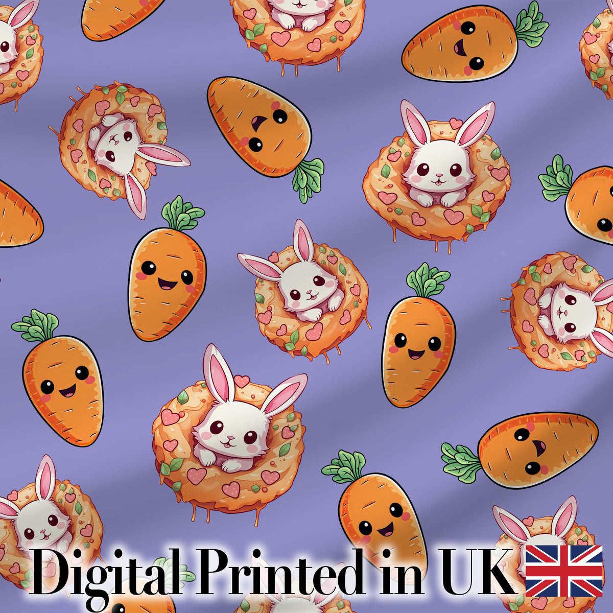 Cute Kawaii Bunny with Carrot Donut Seamless Pattern Purple Background Digital Print Fabric by the Metre UK Sewing Quilting Textile
