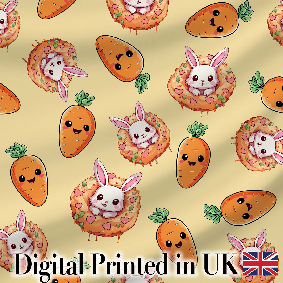 Cute Kawaii Bunny with Carrot Donut Seamless Pattern Yellow Background Digital Print Fabric by the Metre UK Sewing Quilting Textile