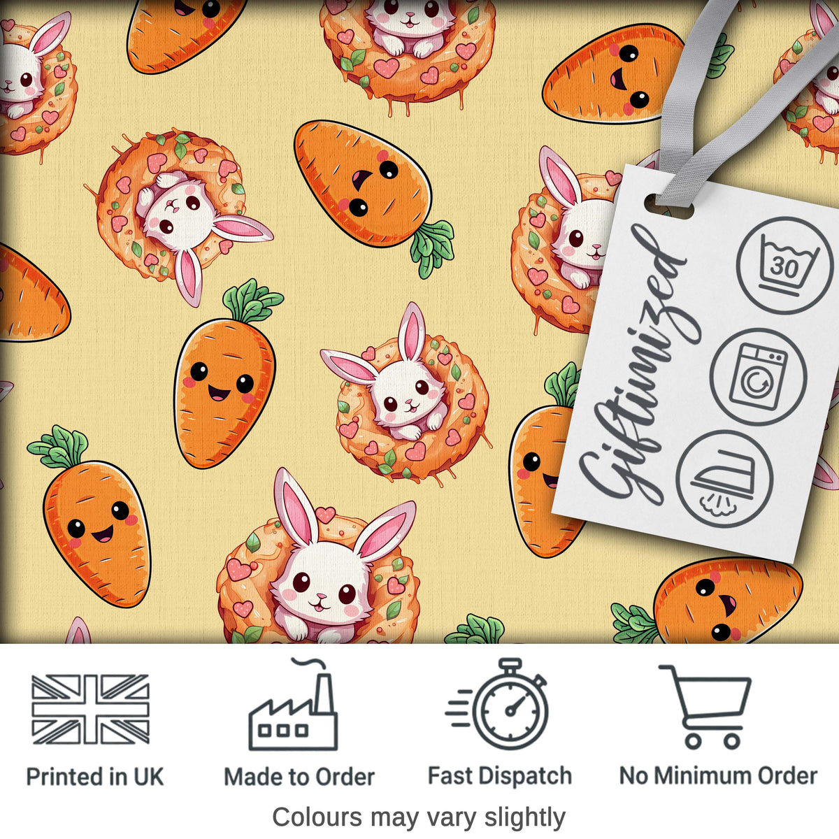 Cute Kawaii Bunny with Carrot Donut Seamless Pattern Yellow Background Digital Print Fabric by the Metre UK Sewing Quilting Textile