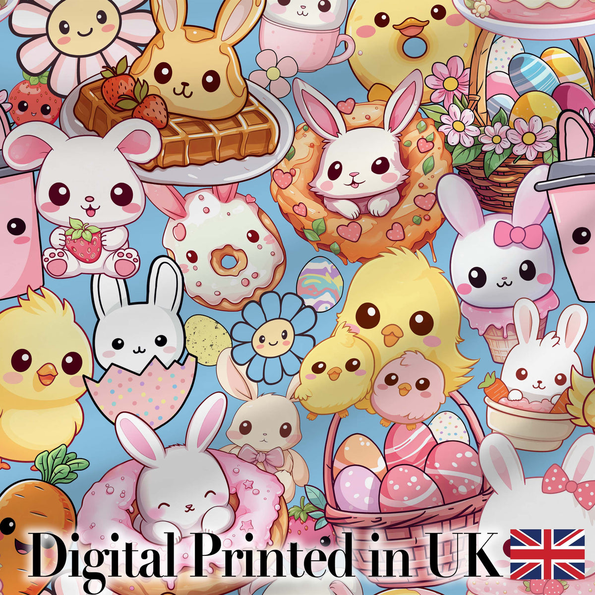 Cute Easter Bunny Chick and Eggs Dessert Seamless Pattern Blue Background Digital Print Fabric by the Metre UK Sewing Quilting Textile