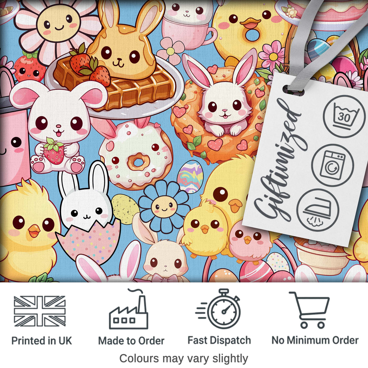 Cute Easter Bunny Chick and Eggs Dessert Seamless Pattern Blue Background Digital Print Fabric by the Metre UK Sewing Quilting Textile