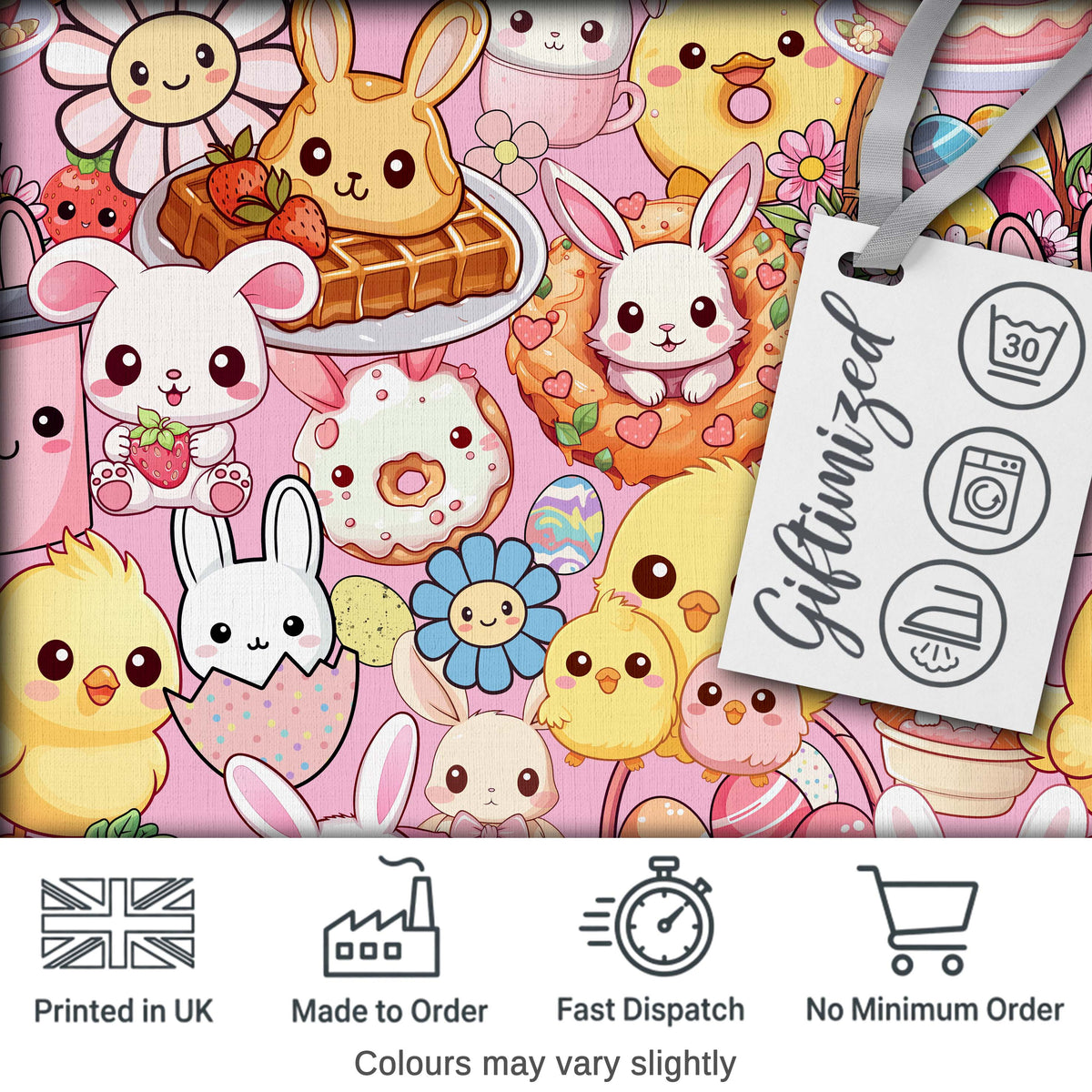 Cute Easter Bunny Chick and Eggs Dessert Seamless Pattern Blush Background Digital Print Fabric by the Metre UK Sewing Quilting Textile