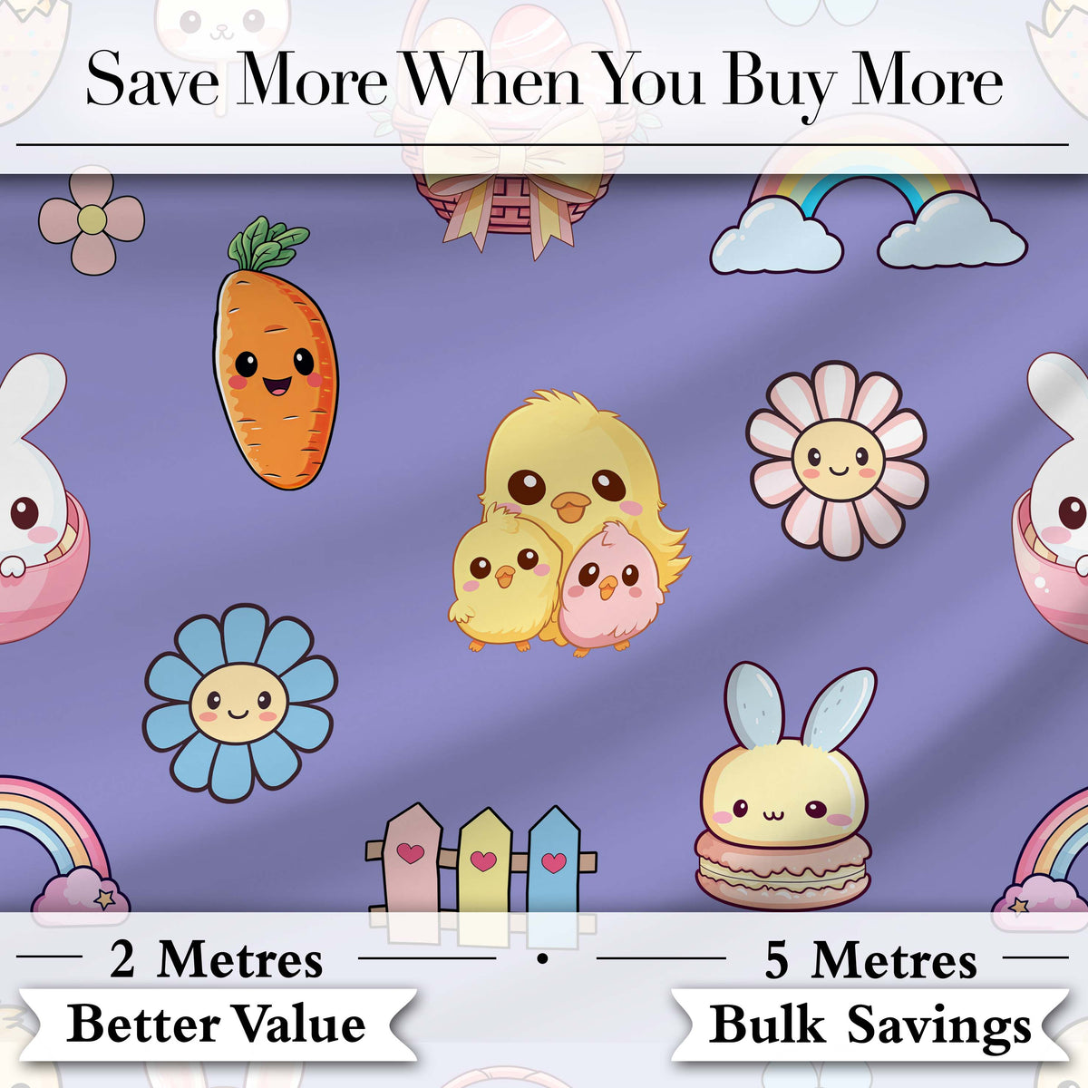 Easter Chick Bunny Macaron Carrot Rainbow Seamless Pattern Purple Background Digital Print Fabric by the Metre UK Sewing Quilting Textile