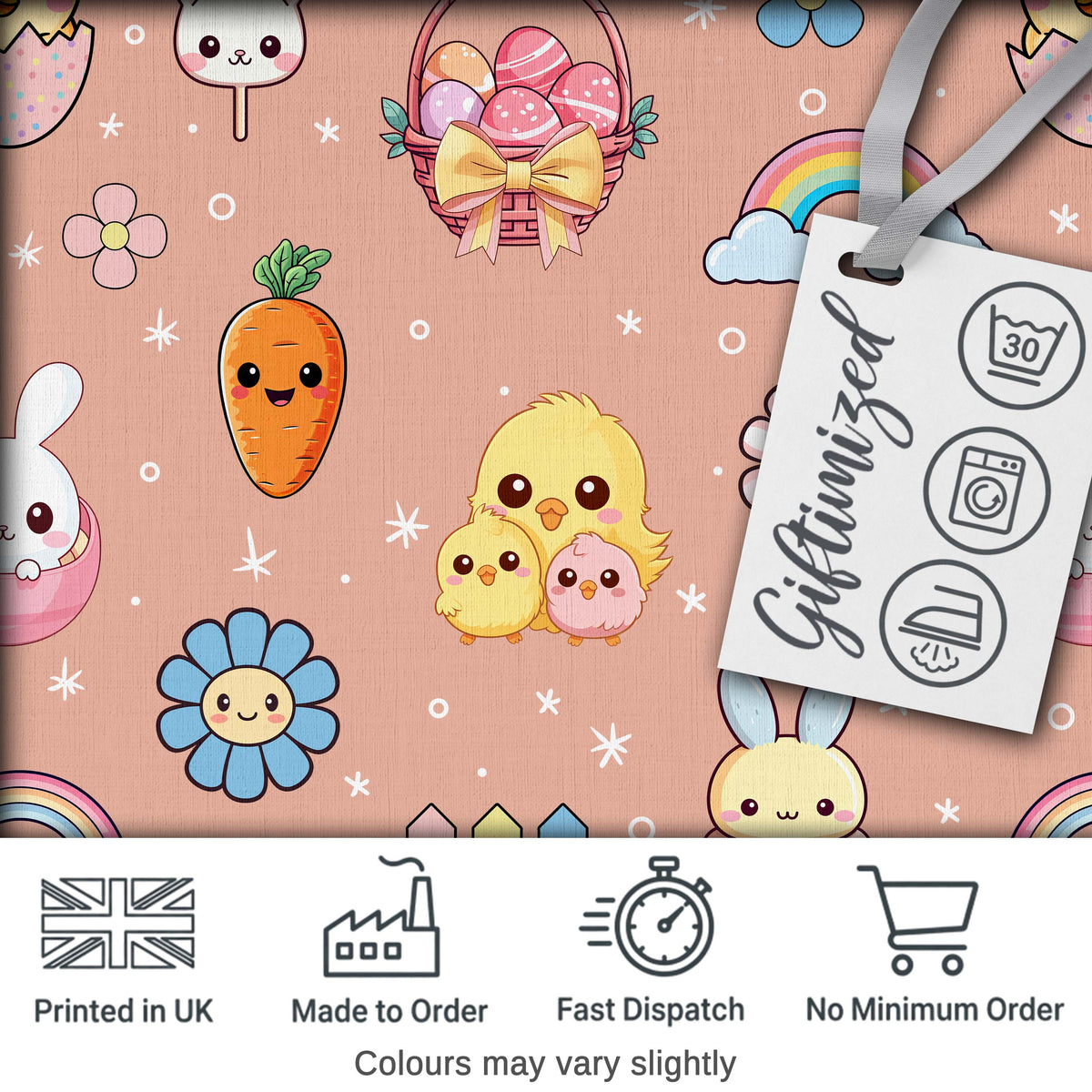Easter Chick Bunny Macaron Carrot Rainbow Seamless Pattern Peach Background Digital Print Fabric by the Metre UK Sewing Quilting Textile