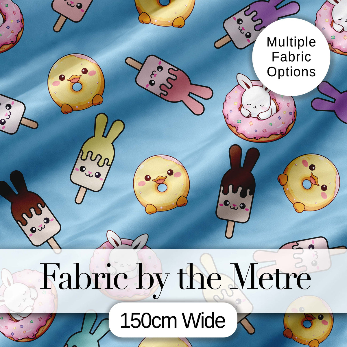 Cute Bunny Ice Cream Donut Chick Kawaii Seamless Pattern Blue Background Digital Print Fabric by the Metre UK Sewing Quilting Textile