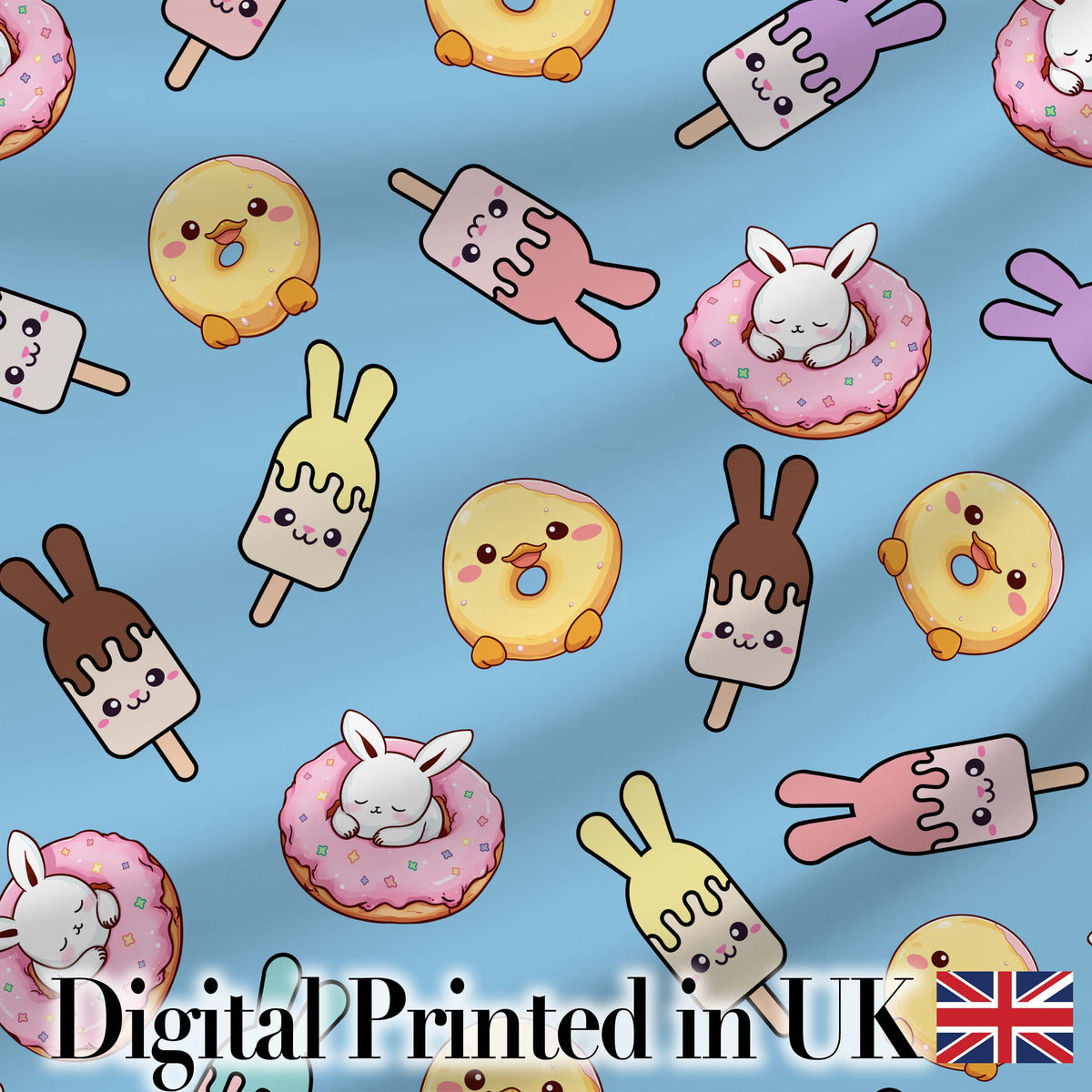 Cute Bunny Ice Cream Donut Chick Kawaii Seamless Pattern Blue Background Digital Print Fabric by the Metre UK Sewing Quilting Textile