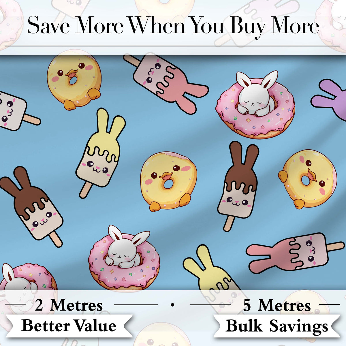 Cute Bunny Ice Cream Donut Chick Kawaii Seamless Pattern Blue Background Digital Print Fabric by the Metre UK Sewing Quilting Textile