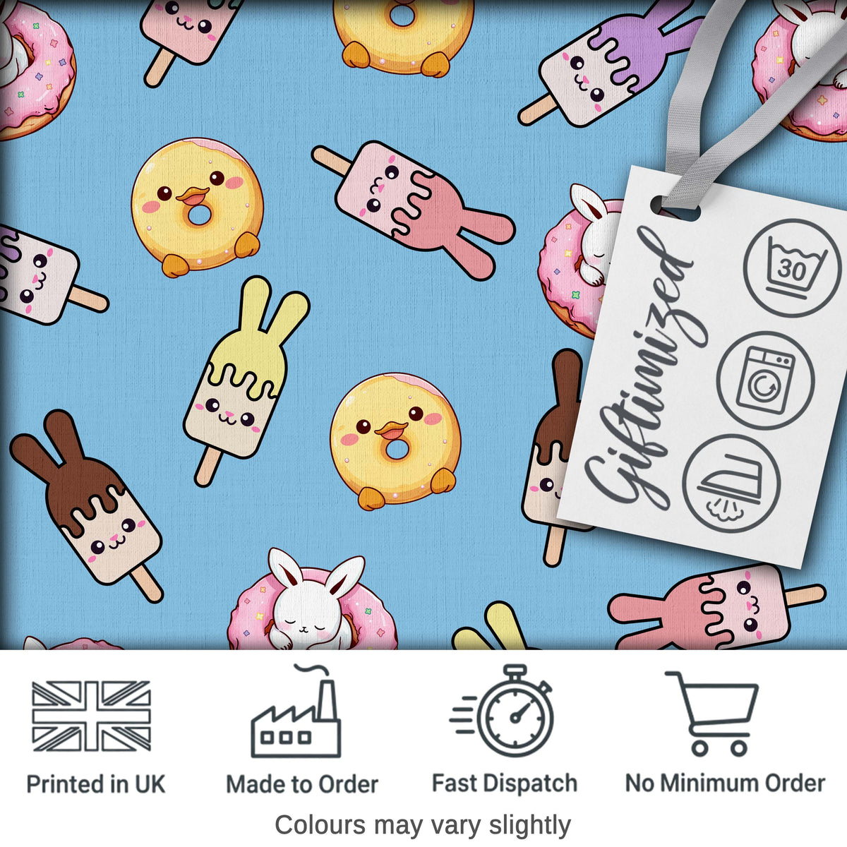 Cute Bunny Ice Cream Donut Chick Kawaii Seamless Pattern Blue Background Digital Print Fabric by the Metre UK Sewing Quilting Textile