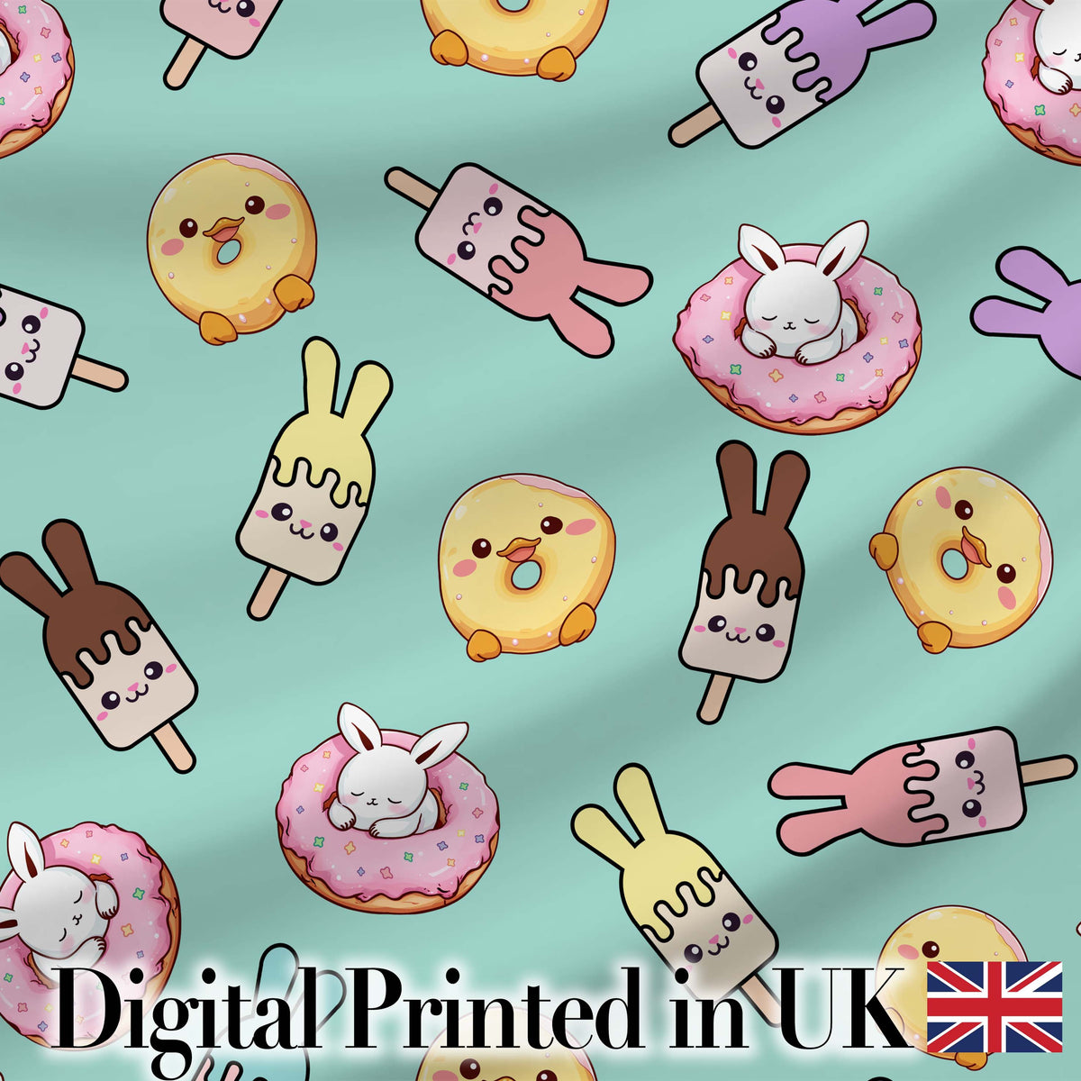 Cute Bunny Ice Cream Donut Chick Kawaii Seamless Pattern Mint Background Digital Print Fabric by the Metre UK Sewing Quilting Textile