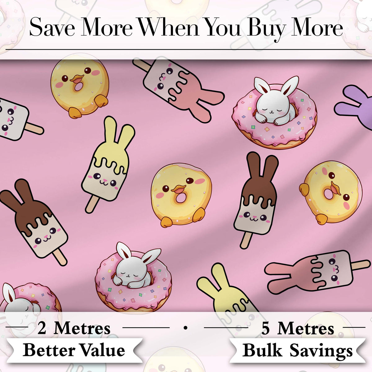 Cute Bunny Ice Cream Donut Chick Kawaii Seamless Pattern Pink Background Digital Print Fabric by the Metre UK Sewing Quilting Textile