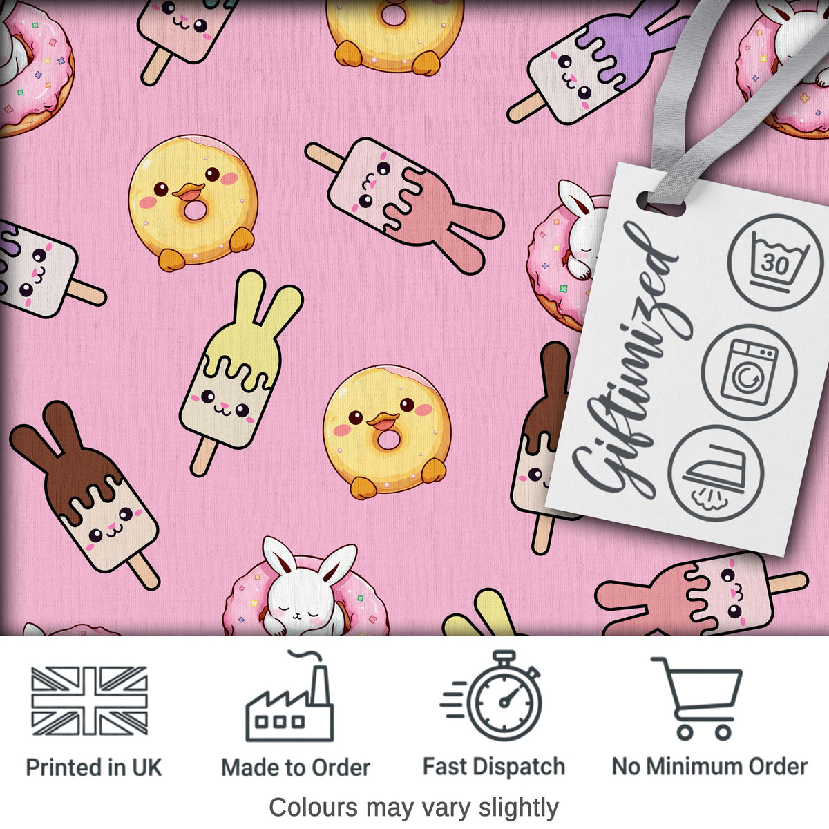 Cute Bunny Ice Cream Donut Chick Kawaii Seamless Pattern Pink Background Digital Print Fabric by the Metre UK Sewing Quilting Textile