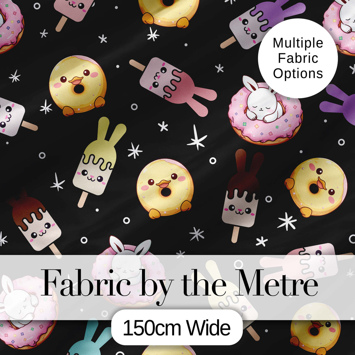 Cute Bunny Donut Ice Cream Kawaii Dessert Seamless Pattern Black Background Digital Print Fabric by the Metre UK Sewing Quilting Textile