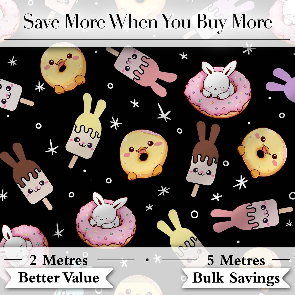 Cute Bunny Donut Ice Cream Kawaii Dessert Seamless Pattern Black Background Digital Print Fabric by the Metre UK Sewing Quilting Textile
