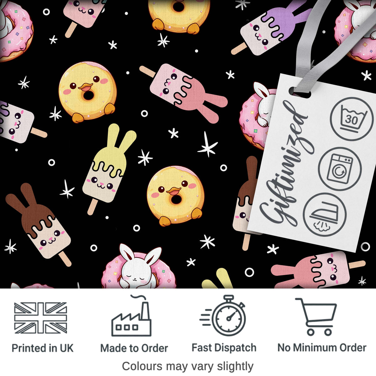 Cute Bunny Donut Ice Cream Kawaii Dessert Seamless Pattern Black Background Digital Print Fabric by the Metre UK Sewing Quilting Textile